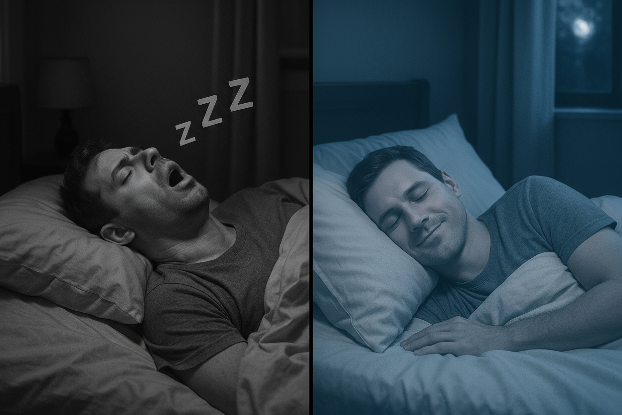 un homme qui dormais en ronflant la nuit vs le même homme dors paisiblement la nuit 